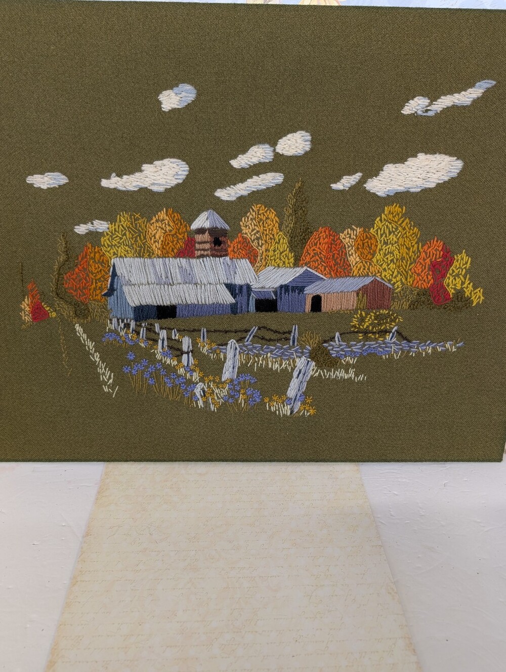 Vintage Crewel Work Autumn Barn Wall Art - Olive, Orange & Blue 1970 - Picture 1 of 5